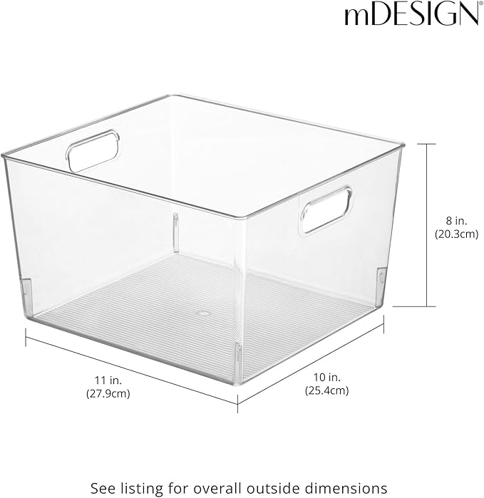 mDesign Plastic Stackable Bin Storage Organizer Basket Container with Handle for Home Office, Kitchen Cabinet, Pantry Shelf Organization - Holds Notebook, Books, Food - Ligne Collection, 4 Pack, Clear