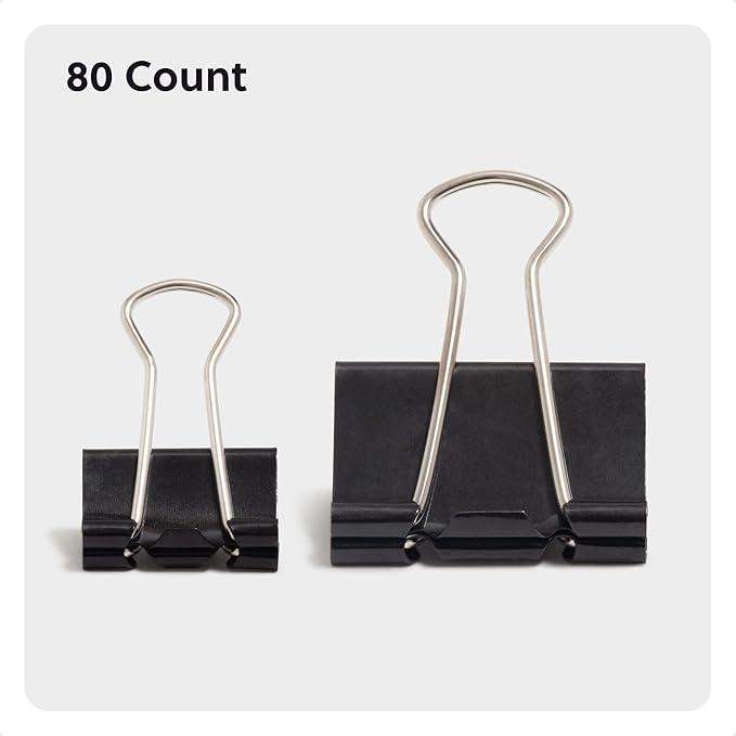 U Brands Binder Clips, Assorted Sizes, Small 3/4-Inch Width and 1/3-Inch Paper Holding Capacity, Medium 1-1/4-Inch Width and 1/2-Inch Paper Holding Capacity, Black and Silver Steel, 80-Count