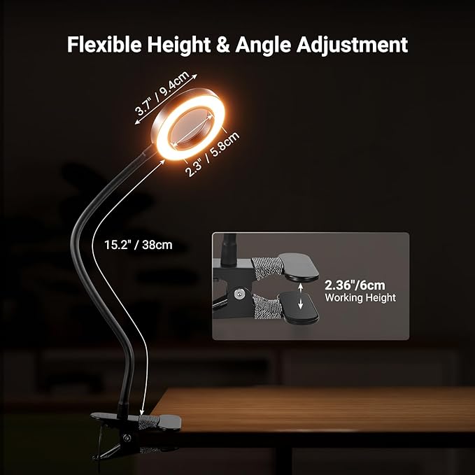 NEEWER Entry Level Version 10X Magnifying Glass with Light/Clamp Stand, 3.7" Bi Color Dimmable Magnifier Lamp Clip on Small LED Ring Light, 3 CRI80+ for Desk Crafting Reading Close up Work, N34