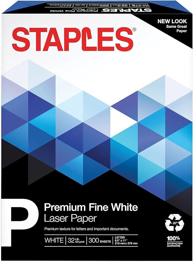 Staples 25% Cotton Fine Laser Paper, White, For Office, School & Home, For Office, School & Home