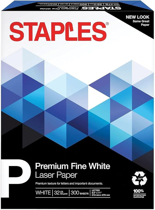 Staples 25% Cotton Fine Laser Paper, White, For Office, School & Home, For Office, School & Home