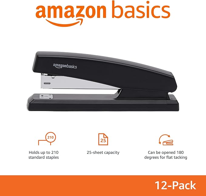 Amazon Basics Office Desk Stapler, 25-Sheet Capacity, Non-Slip with 1000 Staples, Black, 12-Pack