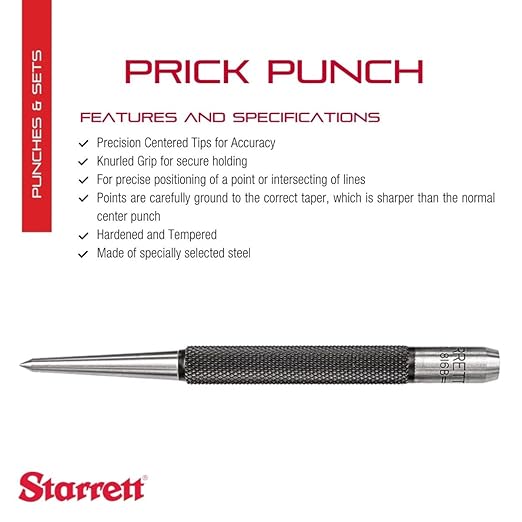 Starrett Steel Prick Punch with Knurled Grip for Precise Positioning and Secure Holding - Hardened and Tempered Steel, 4" Length, 1/8" Diameter Tapered - 816B