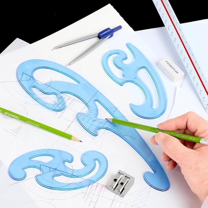 STAEDTLER Mars Professional French Curve Design Ruler Set for Pattern Making, 3 Essential A B C Shapes, Blue Transparent Plastic with Inking Edge