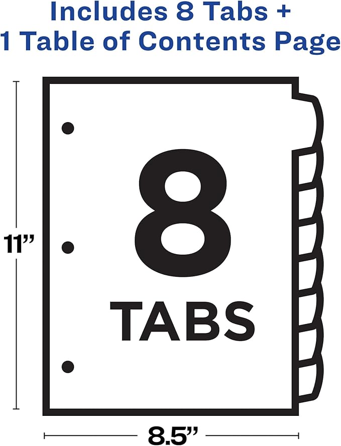 Avery Dividers for 3 Ring Binders, 8 Tabs per Set, Customizable Table of Contents, Multicolor Arched Tabs, Great for Organizing Reports, Projects, and More (11841)