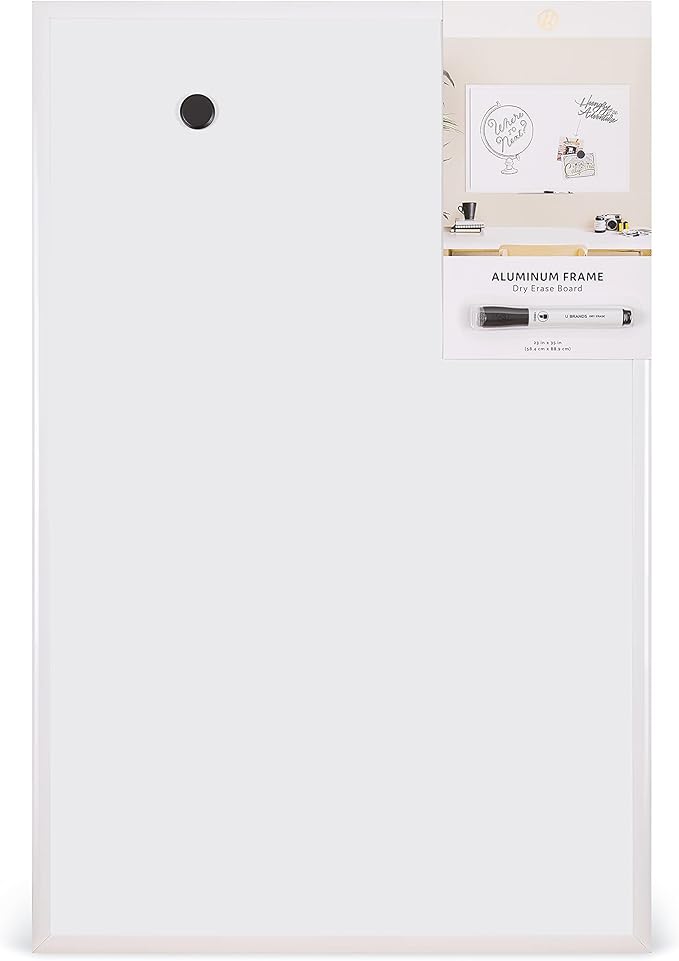 U Brands Magnetic Dry Erase Board White Board, with White Aluminum Frame, Office Supplies, 36" x 24"