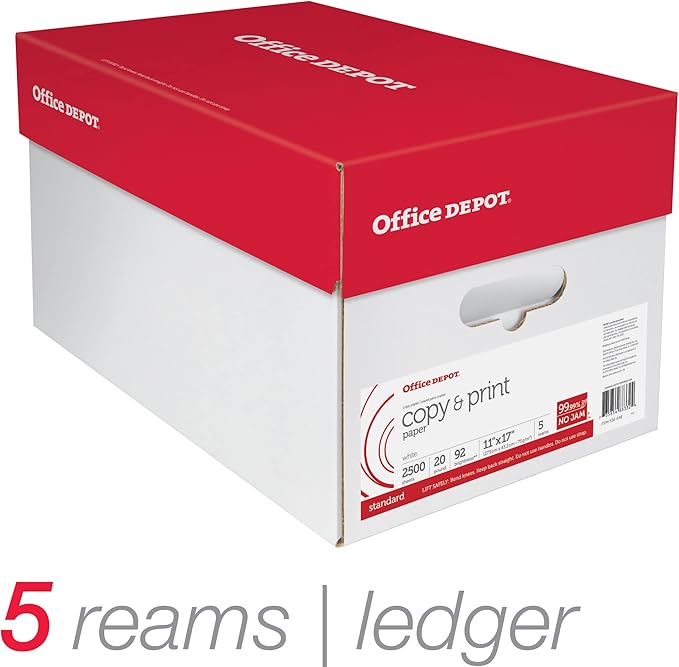 Office Depot® Brand Copy & Print Paper, Ledger Paper, 20 Lb, 500 Sheets Per Ream, Case Of 5 Reams
