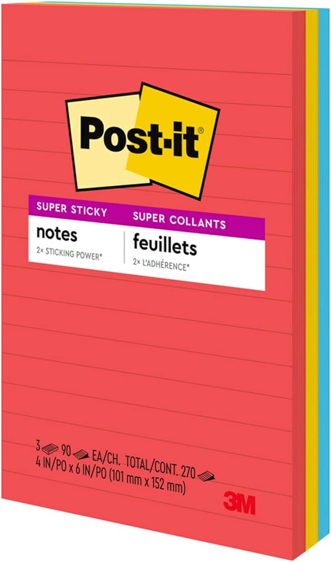 Post-it Super Sticky Lined Notes, 3 Sticky Note Pads, 4 x 6 in., Ideal for Organization in Your Dorm, Home or Office, Playful Primaries Collection
