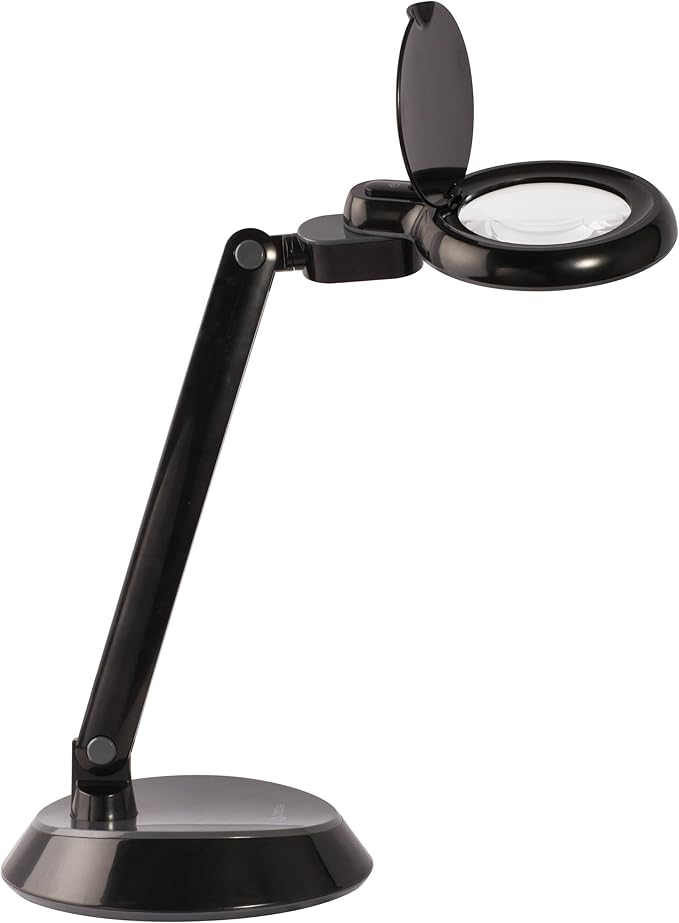 OttLite Space Saving Magnifier LED Desk Lamp, Optical Grade Magnification, Adjustable Arm, Pivoting Head, Portable to Travel, for Crafting & Needlework, Magnifying Glass with Light and Stand, Black
