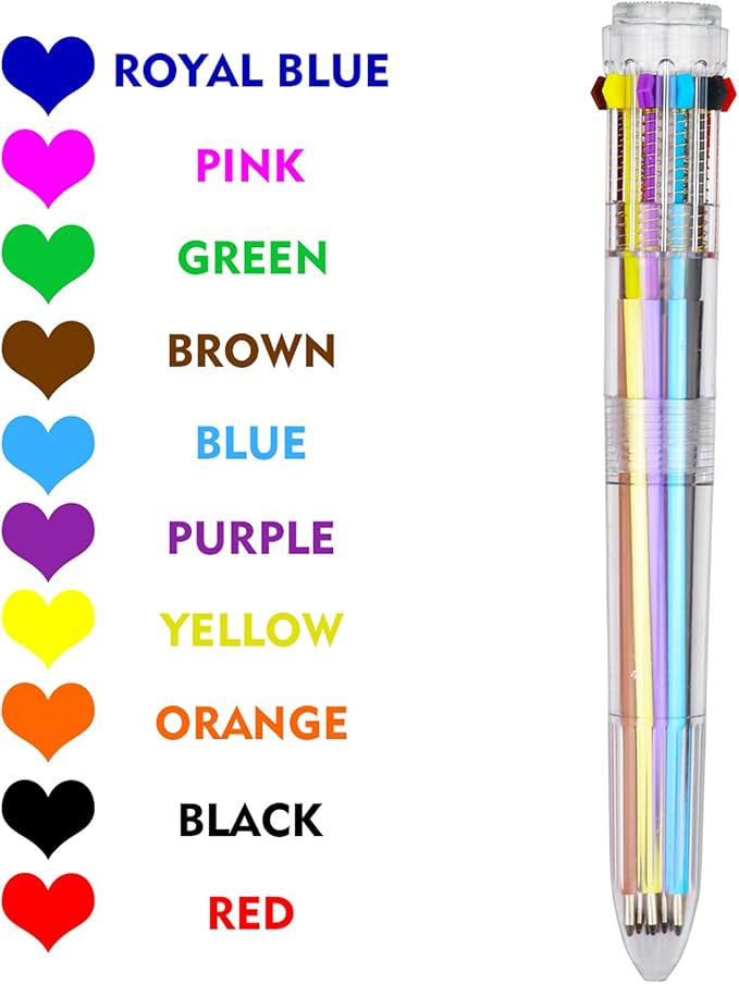 HeTaoCat Multicolor Pens 1 Pack 0.5mm 10-in-1 Retractable Ballpoint Pens - 10 Colors Transparent Barrel Ballpoint Pen for Office Supplies (Multicolor)