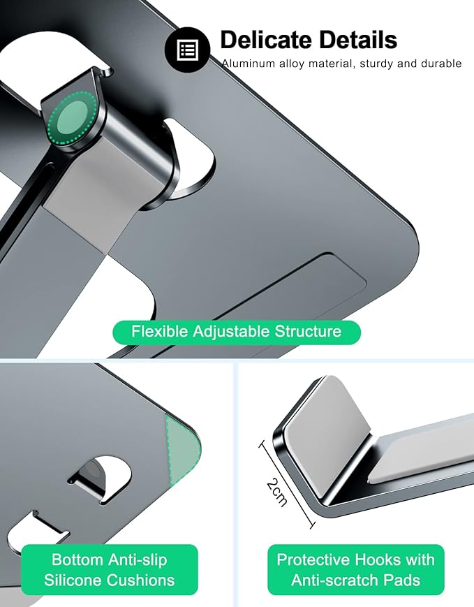 Foldable Laptop Stand, Height Adjustable Ergonomic Computer Stand for Desk, Aluminum Portable Laptop Riser Notebook Mount Compatible with MacBook Pro Air, HP, Dell 10-16" (Gray)