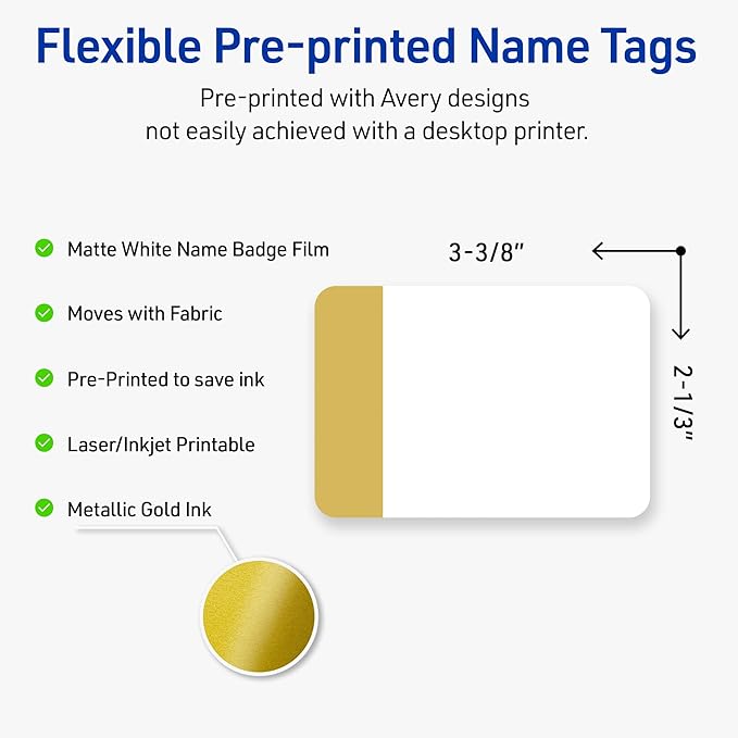 Avery Printable Rectangle Adhesive Name Tags, Dipped Gold Edge Design, 2-1/3" x 3-3/8", Matte White Removable Name Tags, Laser/Inkjet, 80 Total, Great for Name Badges