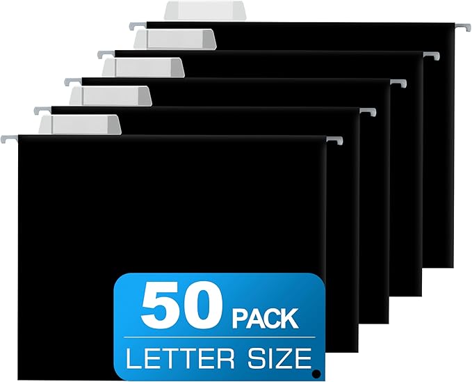 50 Packs Hanging File Folders Black,Letter Size 8.5x11,Hanging File Folders with 1/5-cut Tabs,File Folders for Filing Cabinet,Ideal Office, School Classroom Supplies