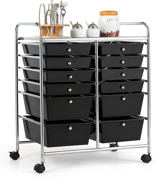 COSTWAY 12-Drawer Rolling Storage Cart, Moveable Art Craft Organizer W/Lockable Wheels, Metal Shelf, Files Arrangement Tools Makeup Storage Cart for Office, Home, School (Black)