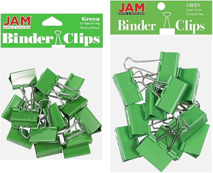 JAM PAPER Colorful Binder Clips Assortment - Medium & Large Size - Green Binderclips - 27 Clips/Pack
