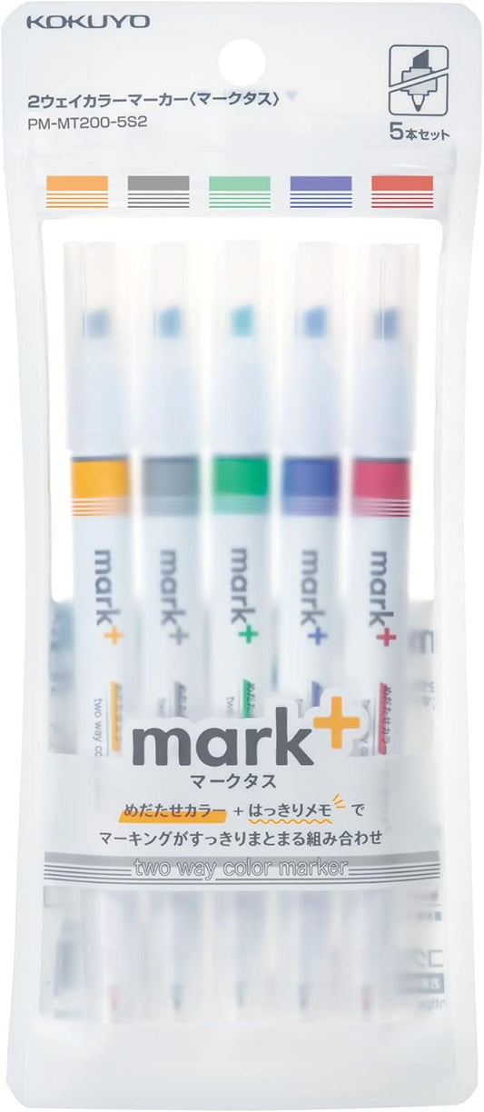 KOKUYO Fluorescent Highlighters, Dual-Tip Highlighter Markers for Bible in Assorted Colors, Fine & Chisel Tip No Bleed Quick-Dry for Journals, Planners, Notes, Vivid Colors. Japan Import(PM-MT200-5S2)