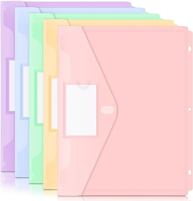 Forvencer Binder Pocket, 5 Pack Super Heavyweight Plastic Folders with Tight Closure, Binder Folders Side Loading, 3 Ring Binder Pocket, Binder Dividers with Pockets, Letter Size, Pastels Series