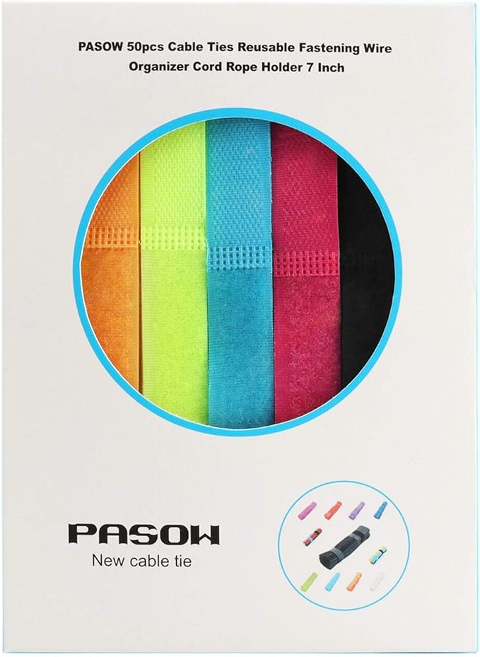 Pasow 50pcs Cable Ties Reusable Fastening Wire Organizer Cord Rope Holder 7 Inch (Multi-Colour)