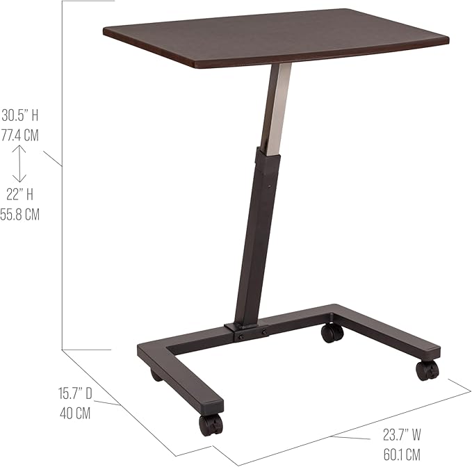 Seville Classics Airlift Height Adjustable Mobile Rolling Laptop Cart Computer Workstation Desk, Table for Home, Office, Classroom, Hospital, w/Wheels, Walnut, Flat (24") (New Model)