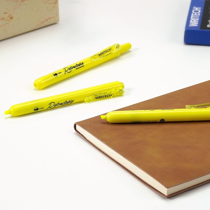 WRITECH Retractable Highlighters Chisel Tip: Fluorescent Yellow Ink Highlighter Marker Pens No Bleed & Smear Pack for Home School Office (12ct Yellow) (Pack of 2)