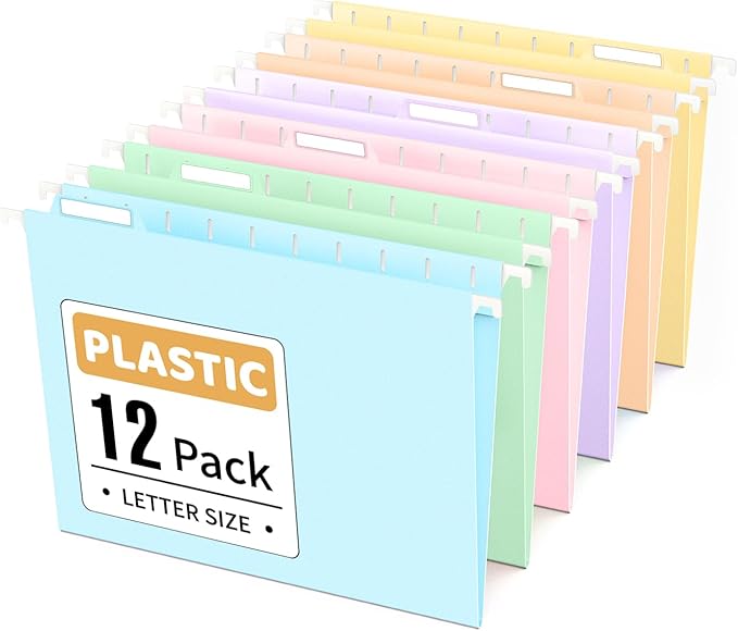 Sooez Tear-Resistant Plastic Hanging File Folders Letter Size, 12 Count File Organizer Suitable for File Cabinet Filing Cabinets, 1/6-cut Adjustable Tabs for Office, School, Pastels Colors, Blue