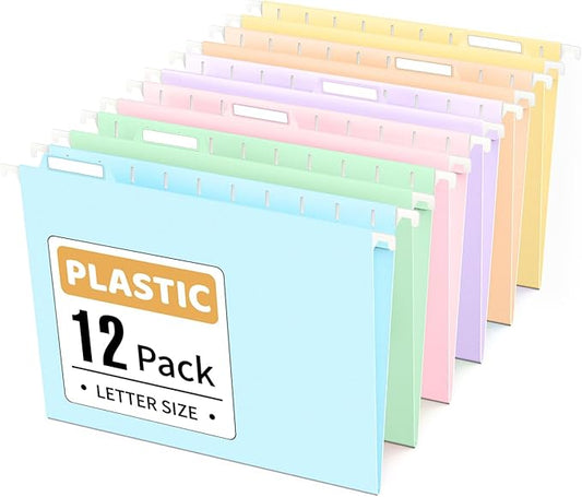 Sooez Tear-Resistant Plastic Hanging File Folders Letter Size, 12 Count File Organizer Suitable for File Cabinet Filing Cabinets, 1/6-cut Adjustable Tabs for Office, School, Pastels Colors, Blue