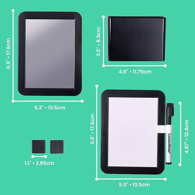 LockerMate 6-Piece Locker Organizer Kit, Includes Mirror, Whiteboard, Storage Cup & Dry Erase Marker, Black