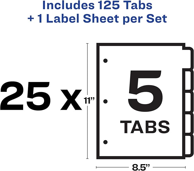 Avery 5 Tab Dividers for 3 Ring Binder, Easy Print & Apply Clear Label Strip, Index Maker Customizable White Tabs, 6-Pack of 25 Sets, 150 Sets Total (11446)
