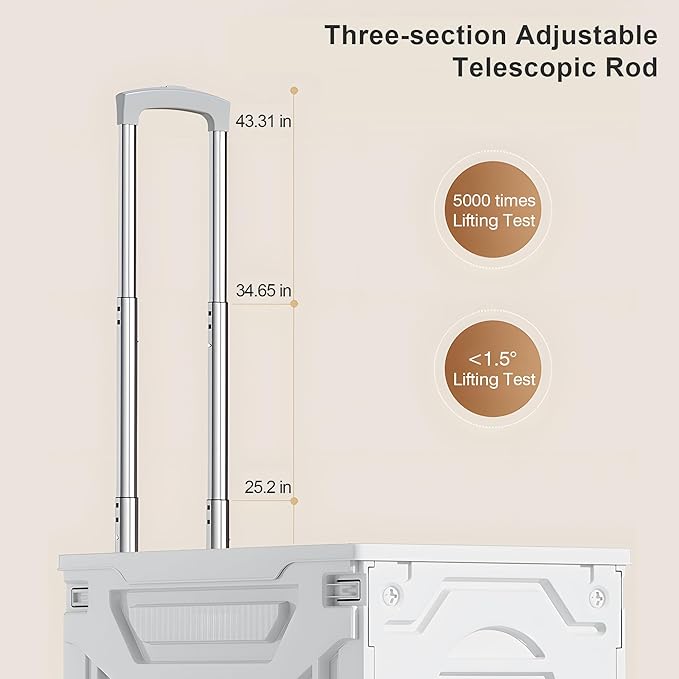 VECELO Rolling Carts with Wheels, Foldable Utility Cart, Light Weight Platform Trucks Dolly, with Recessed Design for Lids, 4 Heavy Duty Wheels, Ideal for Shopping, Camping, Teachers, Pearl White