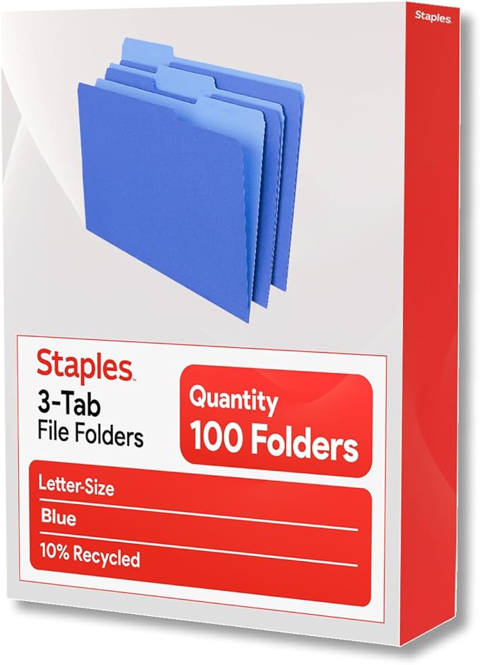 Staples File Folders, Letter Size, 1/3‑Cut Top Tabs, Blue, Durable 10.5‑Point Paper Stock, 100/Pack