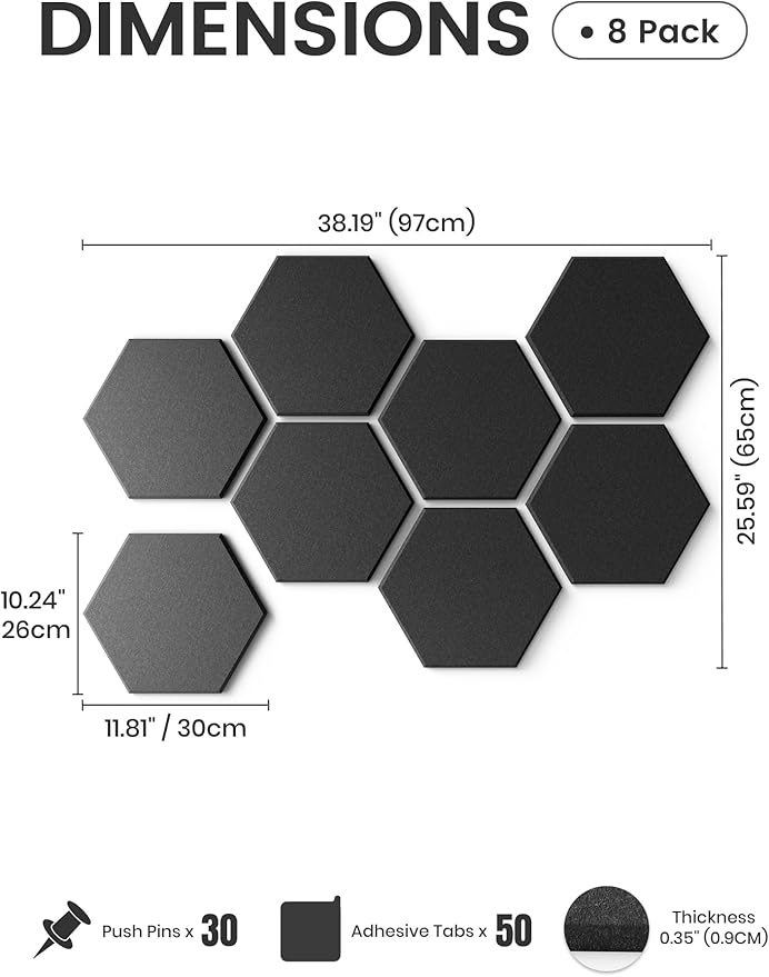Fluxynara Hexagon Cork Board Alternative for Walls Decor-8-Pack Felt Bulletin Board Tiles,with 30 Pushpins,50 Adhesive Tabs for Office,Classrooms & Home Pin Board Felt Board-Black