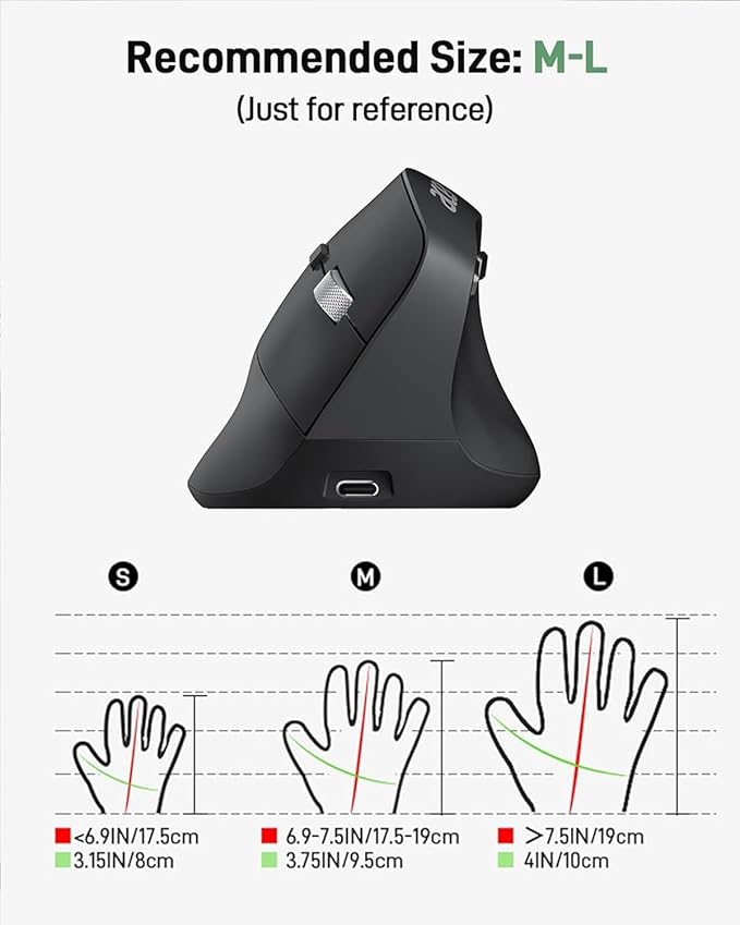 acer Ergonomic Mouse Wireless, Adjustable DPI Vertical Mouse 1000/1200/1600 with 6 Buttons, Rechargeable Ergo Mice, Medium to Large Sized Hands, 2.4GHz USB Receiver for Computer, Laptop, PC
