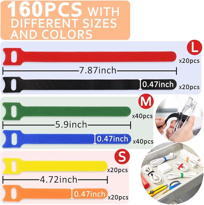 160pcs Cable Ties Reusable Colorful Wire Ties Cable Management Cord Ties Reusable for Electronics Hook and Loop Cable Ties for Computer 4 6 8 Inch with 6 Colors