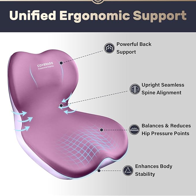 Coverado Car Seat Cushion and Lumbar Support Pillow One Piece, Memory Foam Ergonomic Back Support Driving Seat Cushion for Back Pain, Non-Slip Washable Cushion for Car, Driver, Office