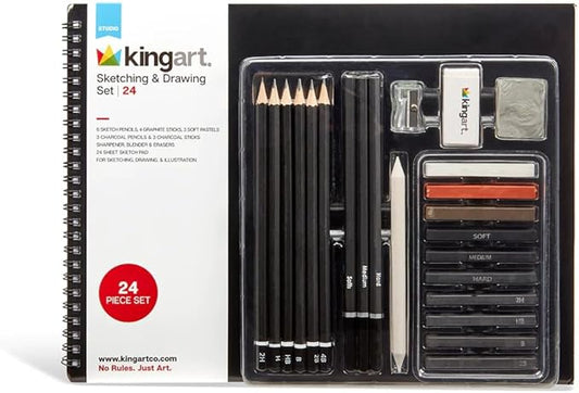 KINGART 24 Pc Sketching & Drawing Art Kit Combo w/Sketchbook, Graphite & Charcoal Pencils, Professional Supplies for All Skill Levels