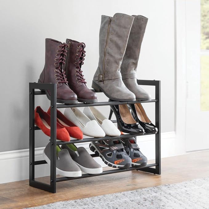 mDesign Metal 3 Tier Adjustable/Expandable Shoe and Boot Storage Organizer Rack - Space-Saving, Angled Vertical Storage - Closet, Entryway, Mudroom, Bedroom, Garage - Black