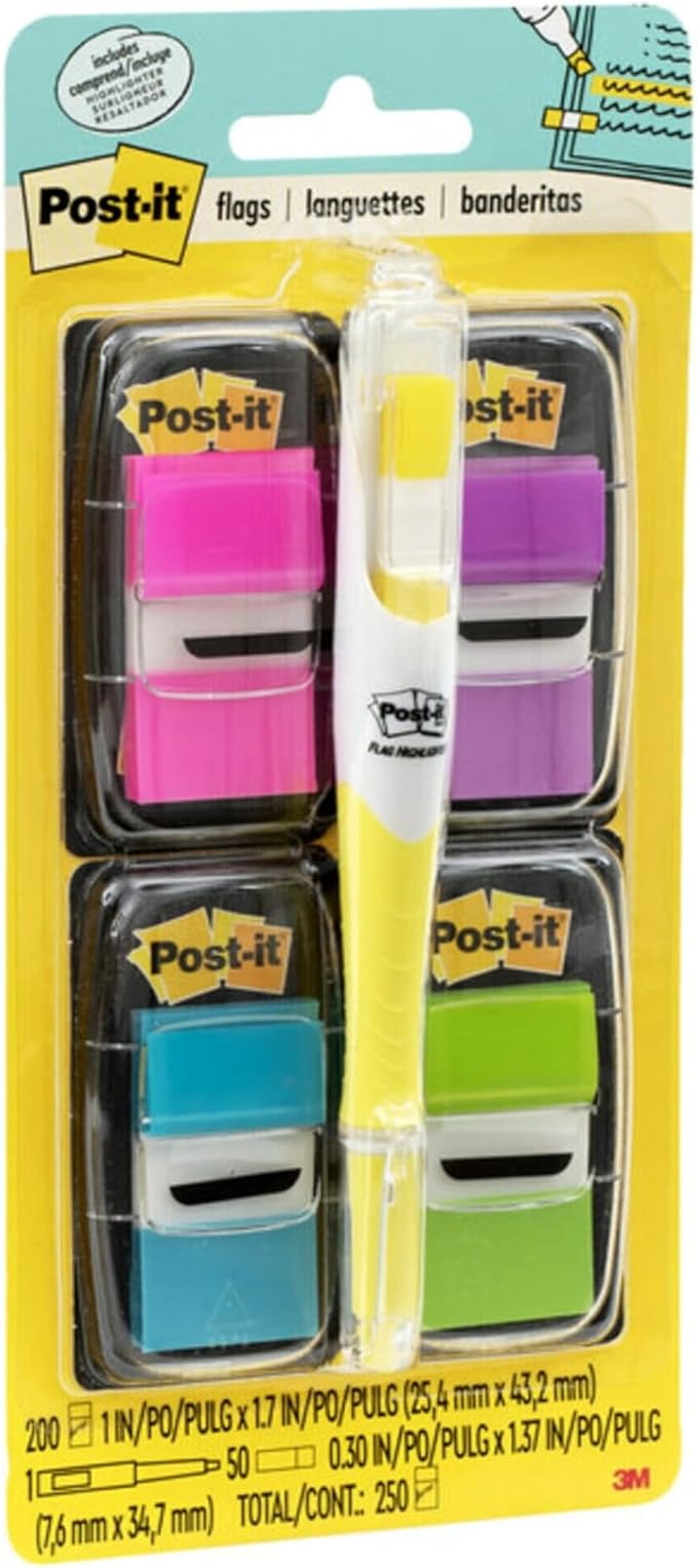 Post-it Flags Value Pack, 50/Dispenser, 4 Dispensers/Pack, 1 in Wide, Assorted Bright Colors, Includes Free Flags + Highlighter (680-PPBGVA) (Pack of 12)