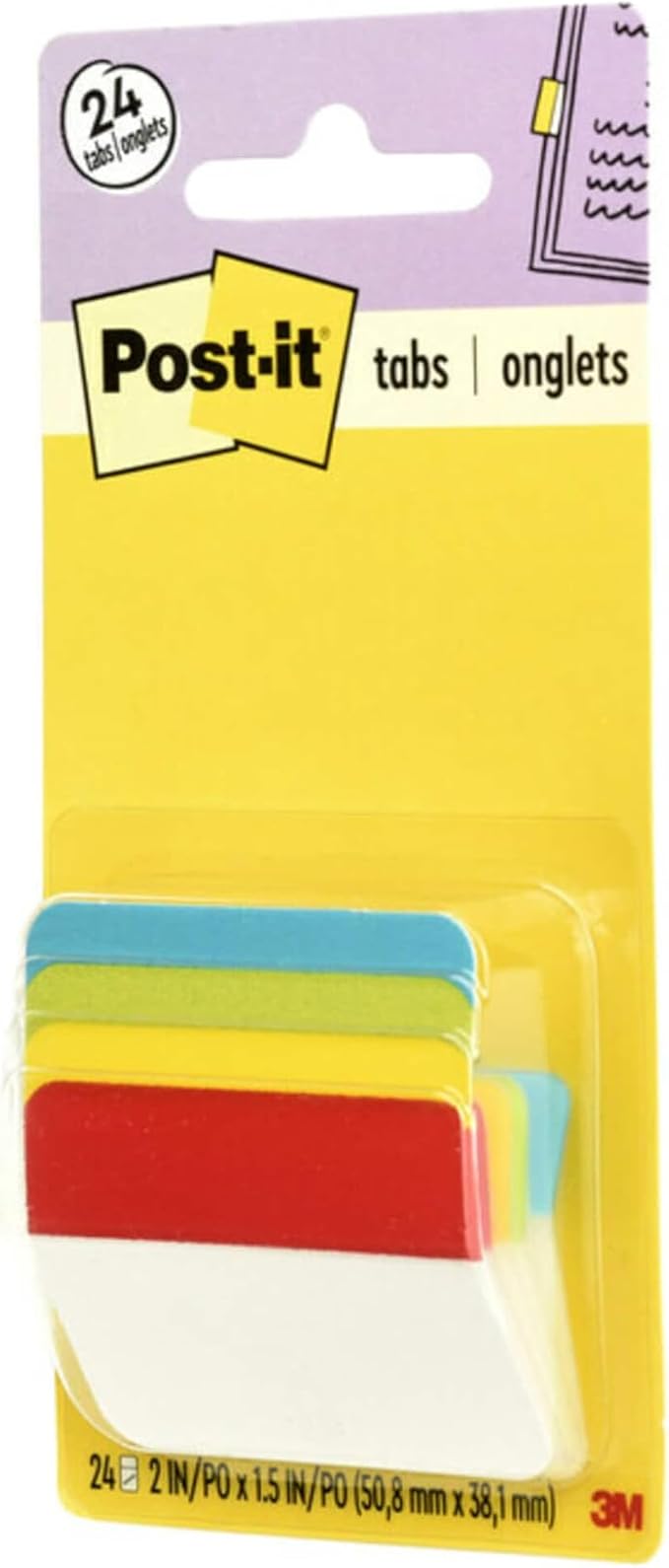 Post-it Tabs, 2 in Angled Solid, Assorted Primary Colors, 6 Tabs/Color, 4 Colors, 24 Tabs/Pack (686A-ALYR) (Pack of 2)