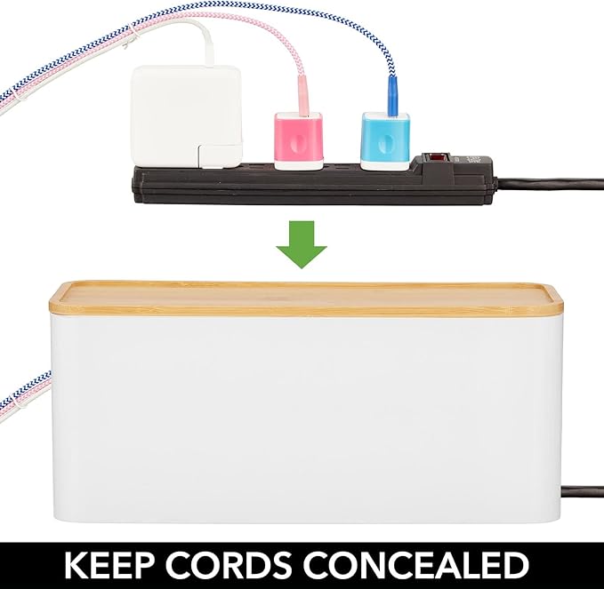 mDesign Cable Management Box - Storage Organizer for Power Strips, Cords, Surge Protectors - Hide Loose Wires in Home Office, Desks, Entertainment Centers - Large, White/Natural Bamboo Wood Lid