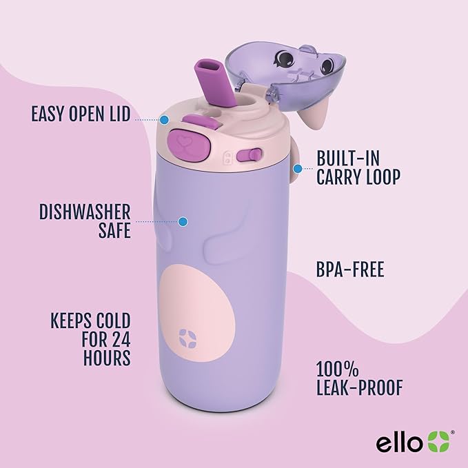 Ello Ellies 12oz Vacuum Insulated Stainless Steel Kids Water Bottle with Straw & Built-in Carrying Handle & Leak-Proof Locking Lid for School Backpack, Lunchbox and Outdoor Sports, Cat (Pack of 6)