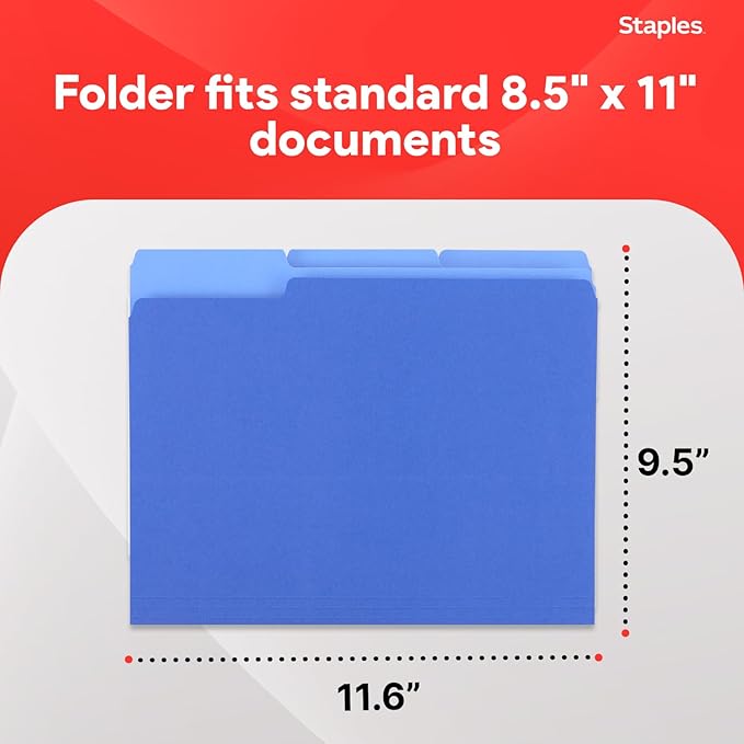 Staples File Folders, Letter Size, 1/3‑Cut Top Tabs, Blue, Durable 10.5‑Point Paper Stock, 100/Pack
