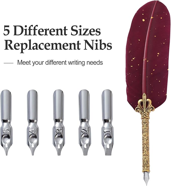 Quill Pen and Ink Set - Feather Calligraphy Dip Fountain Pen with Wax Seal Stamp Kit and 5 Nibs (Red)