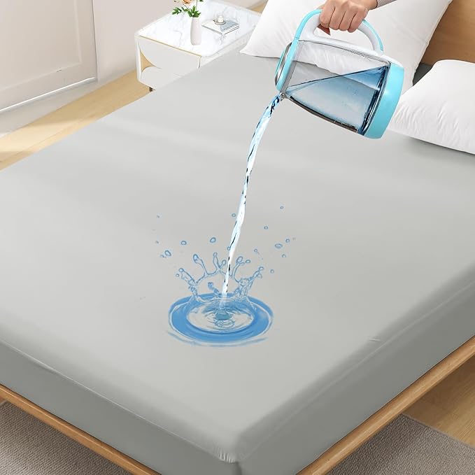 Queen Waterproof Mattress Protector - Noiseless, Breathable, Machine Washable Fitted Mattress Cover with Deep Pocket up to 5”-21”（Light Grey）