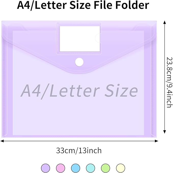 EOOUT 12pcs Plastic Envelopes, Plastic Folders for Documents, Hook & Loop Closure File Folders with Label Pocket A4 Size for School and Office Supplies