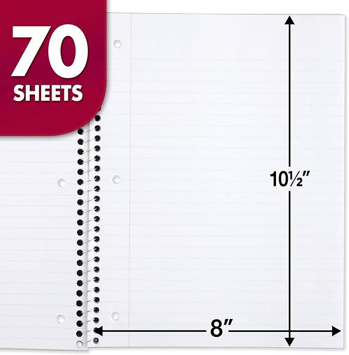 Mead Spiral Notebook, 4 Pack, 1 Subject, Wide Ruled Paper, 7-1/2" x 10-1/2", 70 Sheets per Notebook, Colors Will Vary (930200-ECM25)