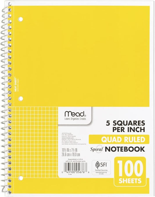 Mead Spiral Notebook, 1 Subject, Graph Ruled Paper, 7-1/2" x 10-1/2", 100 Sheets, Yellow (05676AZ7)