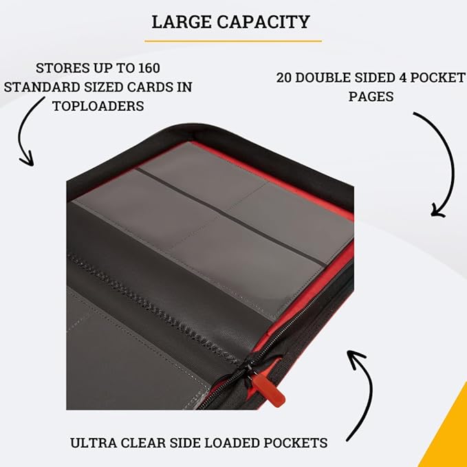 Card Guardian - Toploader 4 Pocket Premium Binder with Zipper for 160 Cards - Side Loaded Pockets - Compatible with Sports and Trading Cards TCG (Red)