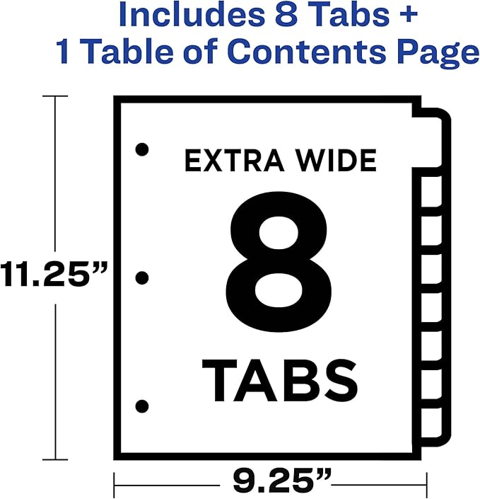 Avery Extra-Wide Dividers for 3 Ring Binders, 8 Tabs per Set, Customizable Table of Contents, Multicolor Tabs, Works Great with Sheet Protectors (11163)