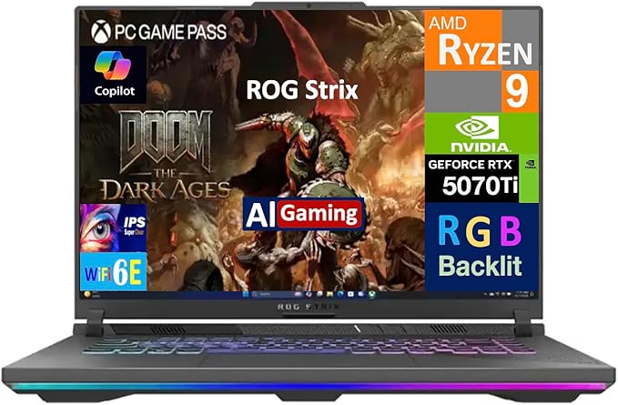ASUS ROG Strix G16 G614 AI Gaming Laptop 16.0" 165Hz IPS WUXGA Display (AMD Ryzen 9 8940HX, GeForce RTX 5070 Ti 12GB, 16GB DDR5, 8TB PCIe SSD, RGB KB, Win 11 Home) w/DKZ USB Hub - G614PR-G16.R95070TI