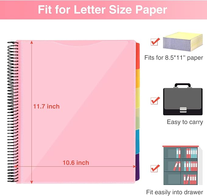 Forvencer 24 Pocket Project Organizer, 1/3-cut Tab Binder Organizer with Sticky Labels, Multi Pocket Folder with Zipper Pouch, Folder Binder Spiral Pocket Notebook, Office Supplies